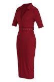 Rojo casual sólido patchwork con cinturón cuello vuelto un paso falda vestidos