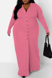 Pink Casual Solid Patchwork V Neck Long Sleeve Plus Size Dresses