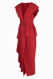 Red Fashion British Style Solid Patchwork V-Ausschnitt Unregelmäßige Kleider