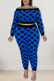 Lake Blue Sexy Print Patchwork Off the Shoulder Plus Size Two Pieces