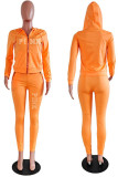 Colletto con cappuccio patchwork con stampa casual arancione per abbigliamento sportivo, taglie forti, due pezzi