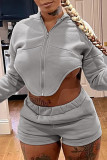 Grey Casual Solid Patchwork Asymmetrical Hooded Collar Long Sleeve Two Pieces