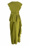 レッド ファッション ブリティッシュ スタイル ソリッド パッチワーク V ネック イレギュラー ドレス