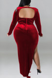 Темно-красные сексуальные однотонные лоскутные металлические аксессуары с разрезом и круглым вырезом с длинным рукавом Платья больших размеров