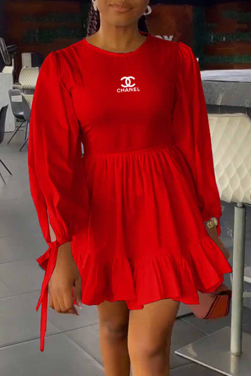 

Red Casual Print Letter O Neck A Line Dresses