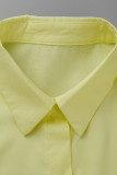 Gelbe, lässige, solide Patchwork-Schnalle mit Umlegekragen, Hemdkleider