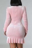 Pink Sexy Casual Solid Draw String Frenulum Fold Turtleneck Long Sleeve Dresses