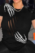 Black Casual Print Hollowed Out O Neck T-Shirts