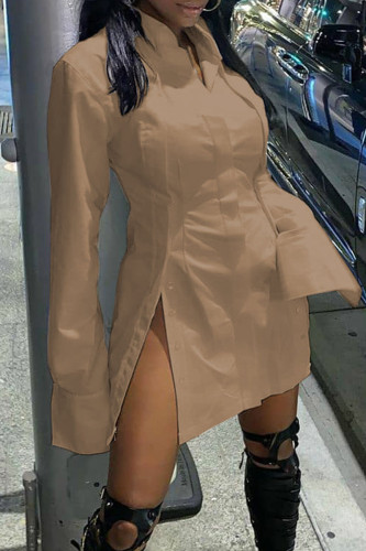 Khaki Sexy Solid Patchwork Buckle Slit Turndown Collar Shirt Dress Dresses