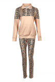 Brown Casual Print Patchwork Zipper Collar Long Sleeve Two Pieces