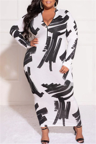 White Casual Print Patchwork Half A Turtleneck Long Sleeve Plus Size Dresses