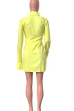 Желтое сексуальное однотонное платье-рубашка в стиле пэчворк с разрезом и отложным воротником, платья-рубашки, платья
