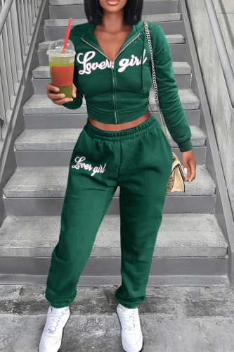 Green Casual Sportswear Print Patchwork Hooded Collar Long Sleeve Two Pieces