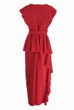 レッド ファッション ブリティッシュ スタイル ソリッド パッチワーク V ネック イレギュラー ドレス