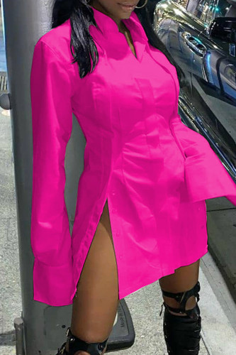 Rose Red Sexy Solid Patchwork Buckle Slit Turndown Collar Shirt Dress Dresses