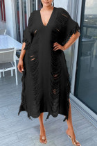 Черное сексуальное сплошное платье с кисточками и выдолбленным пэчворком с v-образным вырезом, пляжное платье, платья