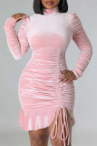 Pink Sexy Casual Solid Draw String Frenulum Fold cuello alto manga larga vestidos
