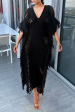 Zwarte sexy effen kwastje uitgeholde patchwork v-hals strandjurk jurken