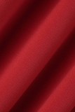 Röd mode brittisk stil Solid Patchwork V-hals oregelbundna klänningar