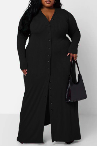 Black Casual Solid Patchwork V Neck Long Sleeve Plus Size Dresses