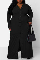 Vestidos casuais pretos de patchwork sólido com decote em v manga longa plus size