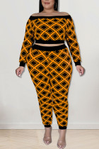 Orange Sexy Print Patchwork Off the Shoulder Plus Size Two Pieces