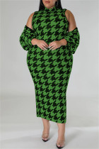 Groene Casual Print Basic Halve coltrui Mouwloze jurk Grote maten Tweedelige kleding