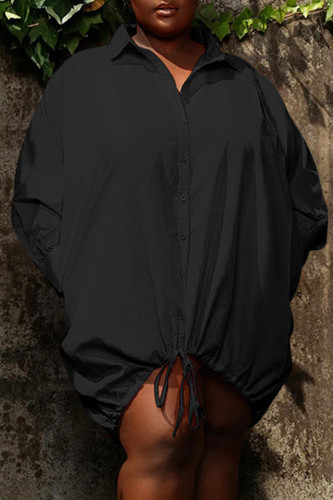 Black Casual Plus Size Solid Patchwork Turndown Collar Shirt Dress
