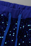 Bleu Sexy Solide Paillettes Patchwork Fente Taille Haute Crayon Patchwork Bas (Uniquement Bas)