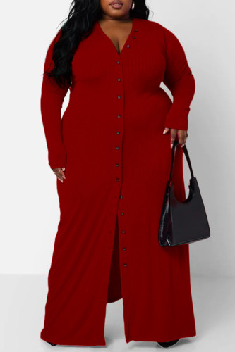 Burgundy Casual Solid Patchwork V Neck Long Sleeve Plus Size Dresses
