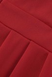 Rode mode Britse stijl effen patchwork V-hals onregelmatige jurken