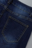 Diepblauwe casual effen patchwork spleet hoge taille denim jeans