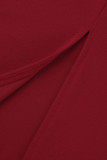 レッド カジュアル ソリッド パッチワーク ベルト付き ターンダウン カラー ワンステップ スカート ドレス