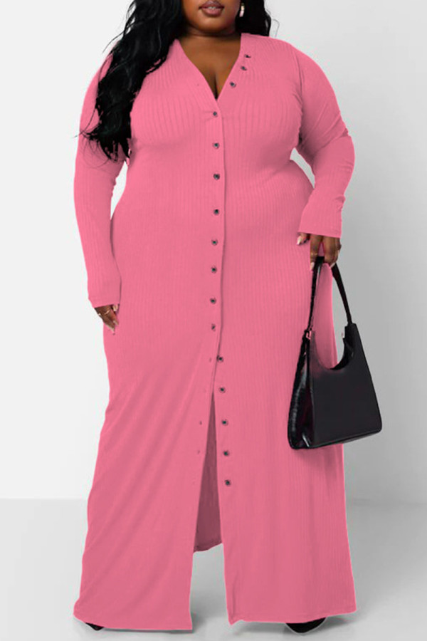 ピンク カジュアル ソリッド パッチワーク Vネック 長袖 プラスサイズ ドレス