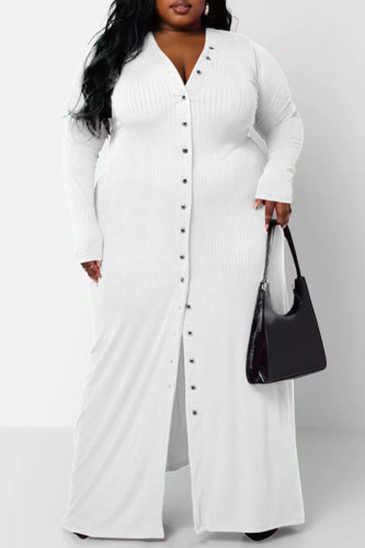 White Casual Solid Patchwork V Neck Long Sleeve Plus Size Dresses