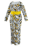 Amarelo e azul Sexy Estampa Patchwork O Decote Saia Um Passo Vestidos Plus Size (Contém O Cinto)
