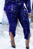 Синие сексуальные однотонные лоскутные плавки с высокой талией и блестками в стиле пэчворк с разрезом и карандашом (только штаны)
