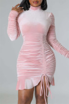 Roze sexy casual effen trekkoord frenulum vouw coltrui lange mouwen jurken