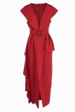 Rode mode Britse stijl effen patchwork V-hals onregelmatige jurken