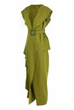 Green Fashion British Style Solid Patchwork V-Ausschnitt Unregelmäßige Kleider