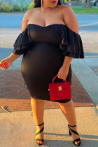 Zwarte sexy plus size effen rugloze off-shoulder jurk met korte mouwen