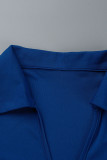 Vestidos de saia de um passo azul casual sólido com gola virada para baixo