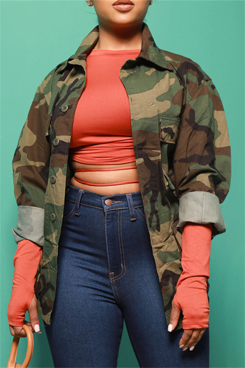 

Camouflage Casual Camouflage Print Cardigan Turndown Collar Outerwear