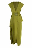 Green Fashion British Style Solid Patchwork V Neck Irregular Dresses