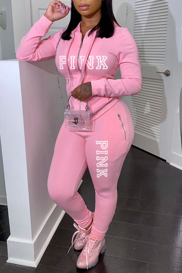 Pink Casual Sportswear Imprimir Patchwork Cuello con capucha Tallas grandes Dos piezas