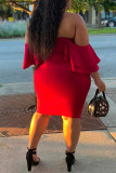 Vestido de manga curta vermelho sexy plus size sólido sem costas fora do ombro