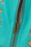 Blue Sexy Print Patchwork Zipper Zipper Collar Long Sleeve Two Pieces