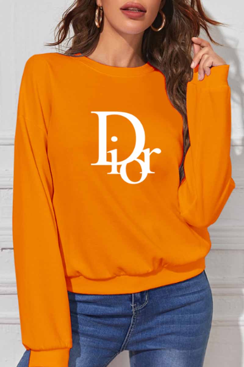 

Orange Casual Print Letter O Neck Tops