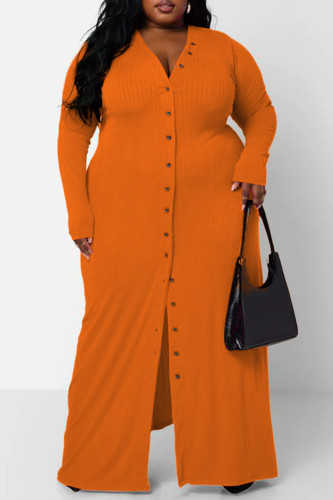 Orange Casual Solid Patchwork V Neck Long Sleeve Plus Size Dresses