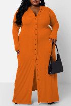 オレンジ カジュアル ソリッド パッチワーク Vネック ロングスリーブ プラスサイズ ドレス